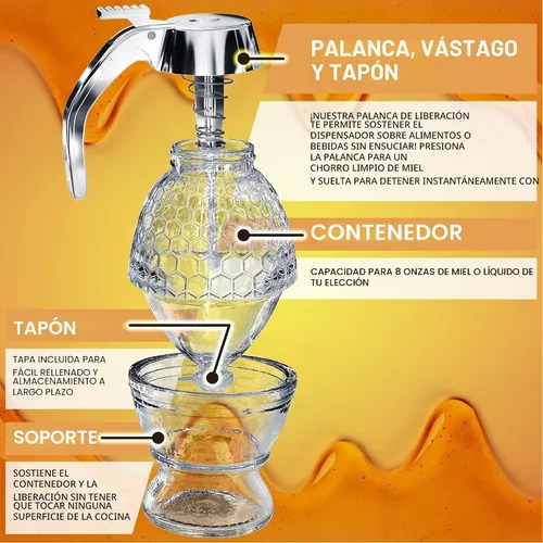 Vista 3 de CLEVLI Dispensador de Miel – Vidrio Antigoteo con Soporte – Frasco de Miel – Recipiente de Miel de Vidrio Transparente con Cucharón de 8 Oz