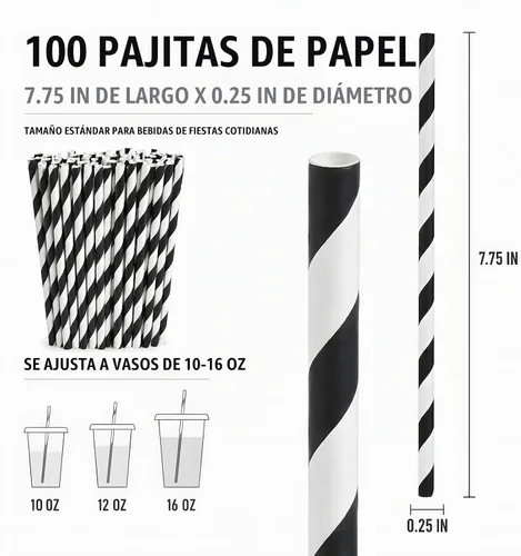 Vista 2 de ALINK 100 Black Striped Paper Straws, 7.75 in Black and White Straws Rayas negras