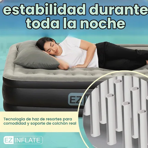Vista 4 de Colchón de aire EZ INFLATE con bomba incorporada - Colchón inflable de tamaño individual doble-alto con parte superior aterciopelada - Fácil