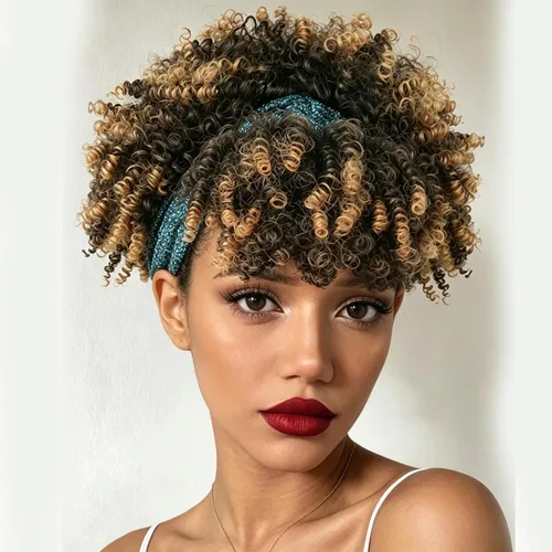 Vista 7 de Aisaide Peluca de Diadema Afro Rizada Crespa, Pelucas Afro Negras Cortas para Mujeres Negras, Peluca Sintética Rizada Crespa con Diadema y Flequillo