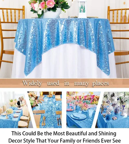 Vista 5 de ShinyBeauty Mantel Cuadrado Pequeño de 36 x 36 Pulgadas Mantel de Lentejuelas Azul Bebé Cubierta de Mesa con Purpurina Superposición Cuadrada