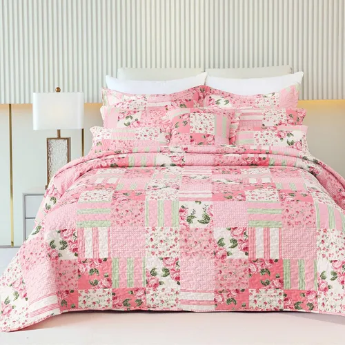 Vista 3 de Colcha floral con 1 funda de almohada, tamaño individual, juego de edredón de retazos rosa de 2 piezas, edredón de verano para niñas y mujeres