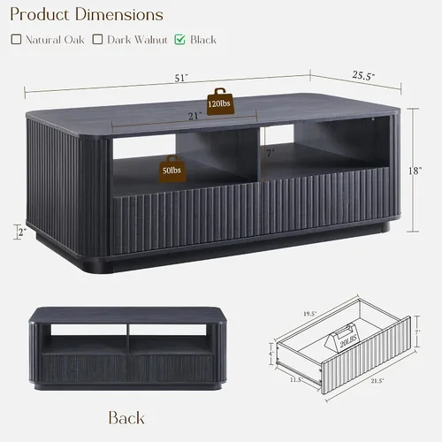 Vista 2 de ACCOHOHO Mesa de centro acanalada de 51 pulgadas con almacenamiento, mesa central grande y moderna con 2 cajones, mesa de centro rectangular