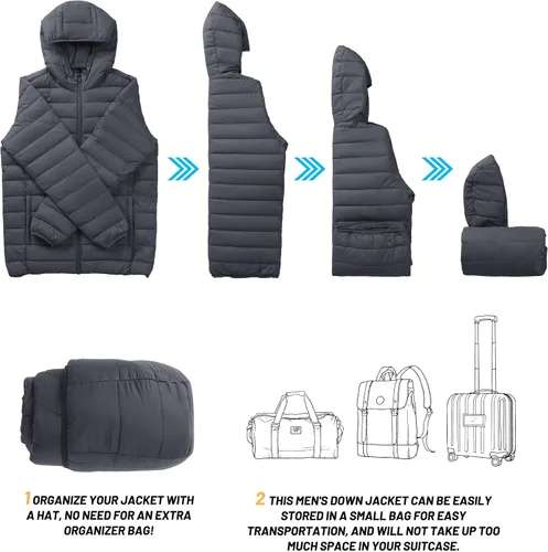 Vista 4 de TACVASEN Chaqueta acolchada con capucha para hombre, impermeable, impermeable, con aislamiento, ligera, cortavientos, acolchada