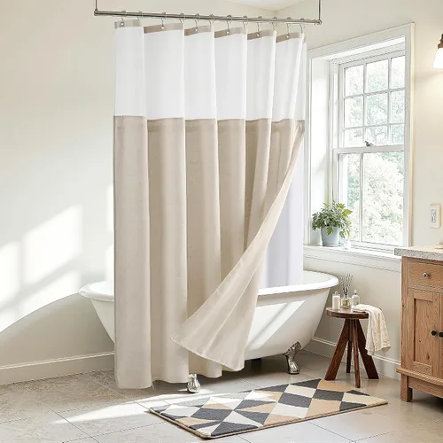 Vista 8 de Naturoom Cortina de ducha de lino de 72 pulgadas para baño, color beige y blanco, doble capa