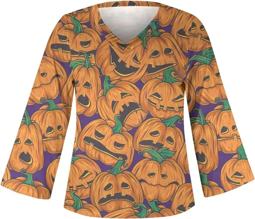 Vista 5 de Camisetas para mujer 2023 a la moda, divertidas camisetas gráficas de Halloween, casuales, holgadas, cuello en V, manga larga, camisetas sueltas
