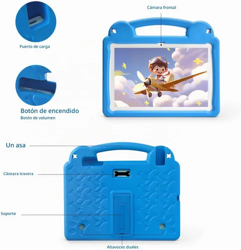 Vista 8 de Tablet infantil de 10.1 pulgadas, tableta Android para niños, Android 15, pantalla de 1280 x 800, CPU Octa-Core, 8 GB+64 GB, 1 TB expandible a Azul