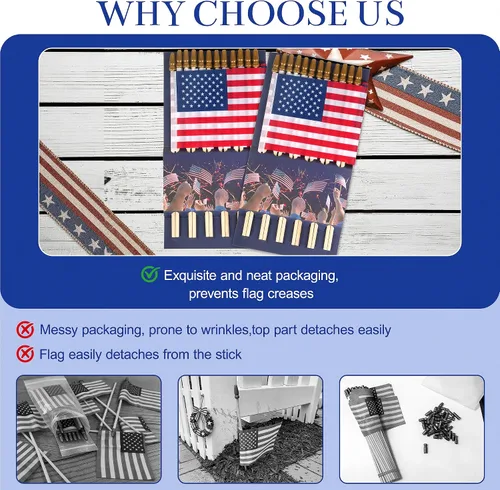 Vista 5 de HOOSUN 50 banderas americanas pequeñas en palo, decoraciones del 4 de julio, bandera de Estados Unidos pequeña en palo, mini banderas