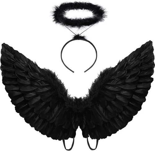Vista 2 de Alas de ángel y alas de ángel negras de halo para niños y adultos, Halloween, Navidad (negro)