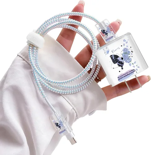 Vista 19 de Lindos protectores de cable para iPhone Funda de carga bonita elegante patrón de mariposas azules diseño único cable de datos cargador de línea