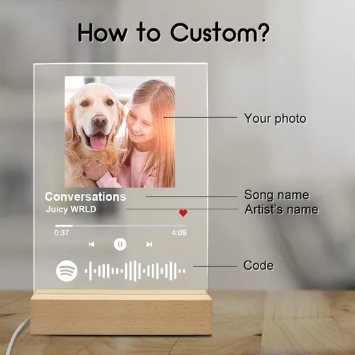 Vista 3 de Canción acrílica personalizada con foto, placa de música transparente personalizada, cubierta de álbum de fotos personalizada, luz nocturna