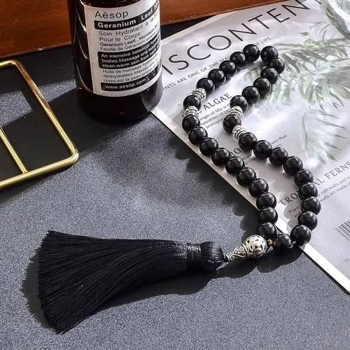 Vista 3 de Pulsera de 33 cuentas de oración con 33 cuentas de oración para hombres y mujeres, color ónix negro y amarillo (ojo de tigre de 0.394in)
