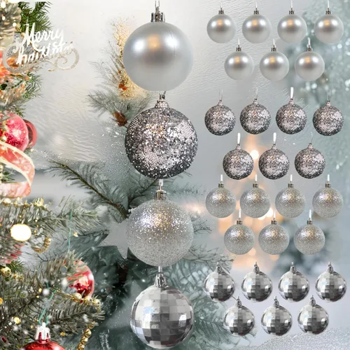 Vista 8 de Adornos de bola de Navidad – 32 adornos plateados – Decoración navideña inastillable – Bolas colgantes – Cuatro acabados – Brillante, Brillante
