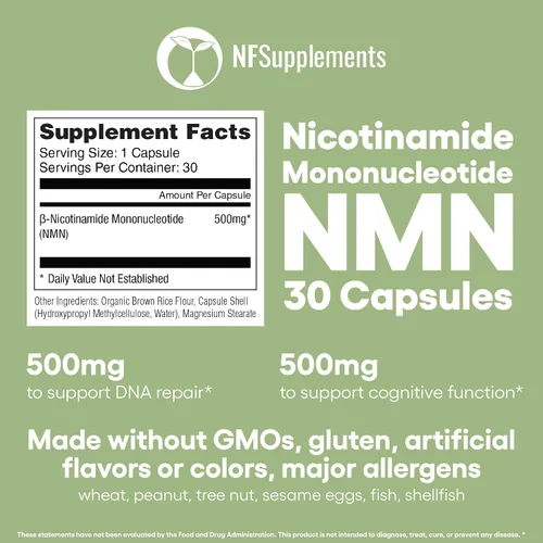 Vista 5 de NMN 500mg Cápsulas 99.3% Pureza Mononucleótido de nicotinamida 30 porciones Apoya la reparación del ADN y la función cognitiva Apto