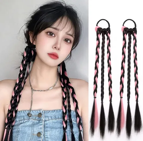 Vista 2 de Extensión de cola de caballo trenzada con lazo para el cabello, peluca trenzada sintética para mujer, 1 par, azul