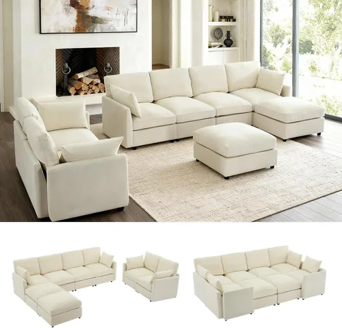 Vista 15 de Iroomy Sofá modular modular para sala de estar, asiento con cojín de resorte, moderno sofá convertible en nube con otomana, gris