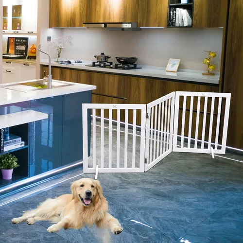 Vista 2 de Puerta para Perros de Madera Independiente para Mascotas de 3 Paneles de 23.6" de Altura Blanca Cercas Interiores para Perros, Puerta de Casa