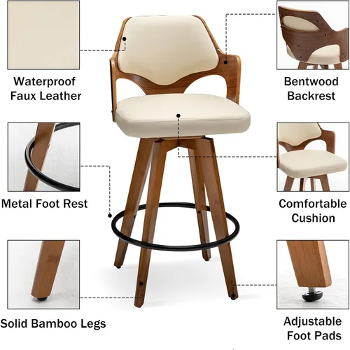 Vista 3 de MEKLIBA Juego de 2 taburetes de bar giratorios de altura de mostrador, silla de bar tapizada con patas de bambú, taburetes de mostrador con respaldo