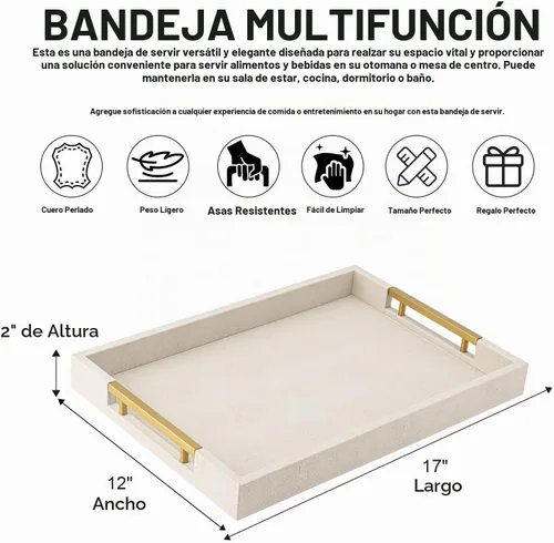 Vista 3 de Bandeja de servicio de piel sintética beige con asas, bandeja decorativa grande para mesa de café, otomana, sala de estar, baño, decoración del hogar