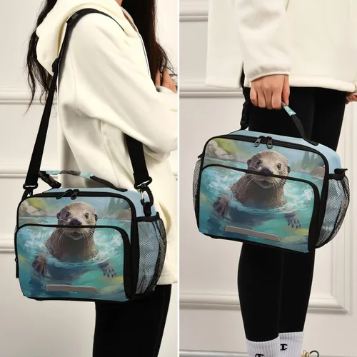 Vista 5 de Linda lonchera infantil con diseño de nutria, con aislamiento, reutilizable, con correa para el hombro, para niños y niñas