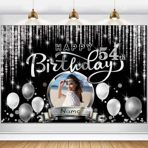 Vista 103 de Cartel de decoración de feliz cumpleaños número 100 personalizado - Personalización disponible - Negro y plateado - Tamaño grande - Admite fotos
