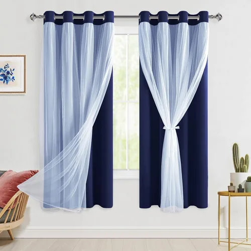 Vista 70 de Hiasan Cortinas opacas con superposición transparente, aislamiento térmico para mezclar y combinar de doble capa, cortinas de oscurecimiento de Beige