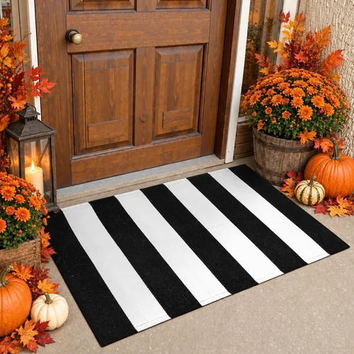 Vista 9 de KIMODE - Alfombra de algodón tejida con diseño a rayas en color negro, para puerta de entrada, cocina, decoración de estilo rústico