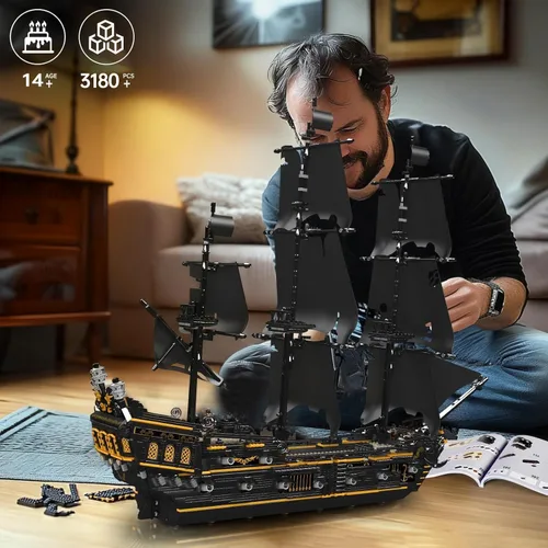 Vista 6 de Mould King 13199 Kit de Bloques de Construcción Modelo de Barco Pirata, MOC Juego de Construcción Modelo de Velero Perla Negra Grande