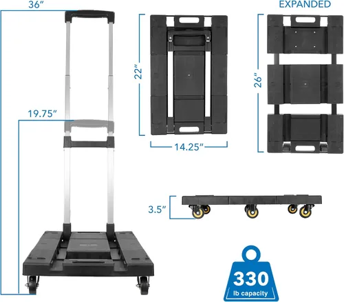 Vista 6 de Mount-It! Camión de mano plegable, carrito ligero de 330 libras de capacidad con 6 ruedas, base extensible, diseño plegable compacto con cuerda