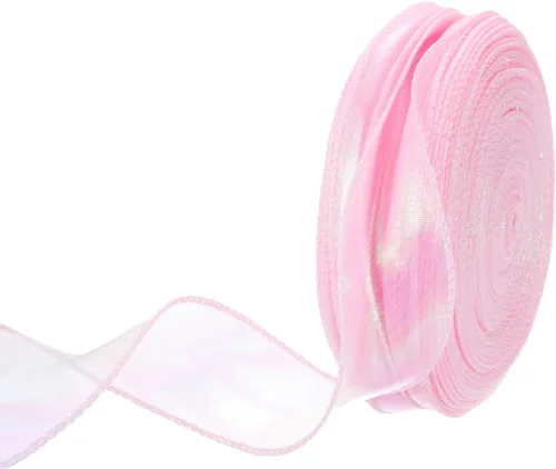 Vista 79 de MECCANIXITY - Cinta de organza con cable de 1 1/2" de ancho, brillante, transparente, con brillo irisado en tonos pastel, cinta de gasa para Beige