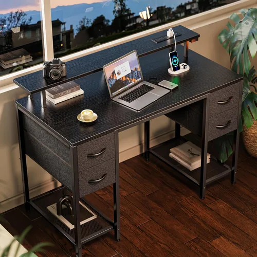 Vista 9 de Huuger Escritorio para computadora de 47 pulgadas con 4 cajones, escritorio para juegos con luces LED y tomas de corriente, escritorio de oficina