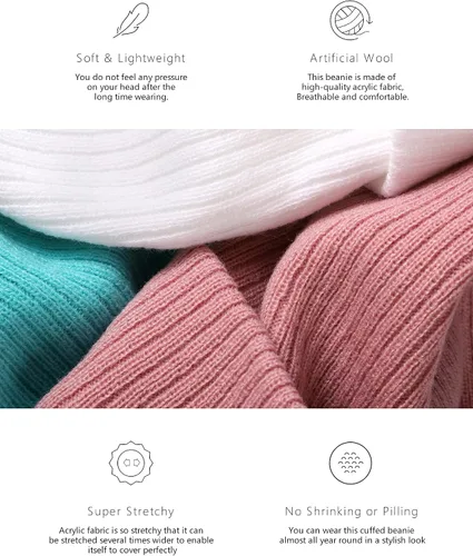 Vista 5 de Gorro de punto de invierno con puños para mujer gorro de reloj suave tejido clásico elástico cálido para hombre
