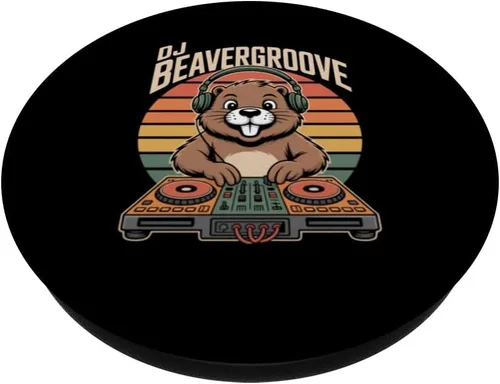 Vista 2 de DJ BEAVERGROOVE - Tocadiscos retro Beaver Music Vibes PopSockets adhesivo PopGrip