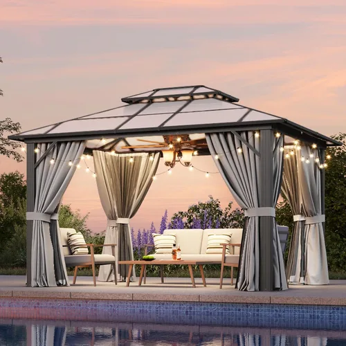Vista 10 de Aoxun 10'x10' Outdoor Gazebo with Polycarbonate Roof Khaki Single Roof Caqui