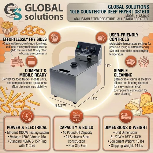 Vista 6 de GS1610 Freidora eléctrica para encimera, 10 libras de capacidad, acero inoxidable