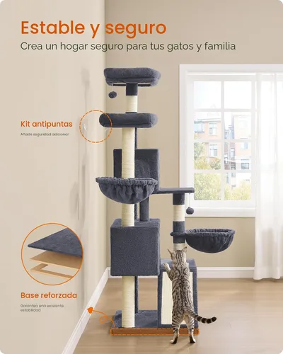 Vista 6 de Feandrea Árbol para gatos, torre para gatos de 68.5 pulgadas de alto, condominio de felpa de varios niveles con percha grande, postes rascadores