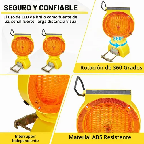 Vista 4 de 2 luces solares intermitentes de tráfico con barricada, ámbar