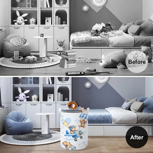 Vista 2 de Clastyle Cesta grande de 45 L con asa plegable para almacenamiento de juguetes con tapa para guardería y niños, con diseño de oso azul