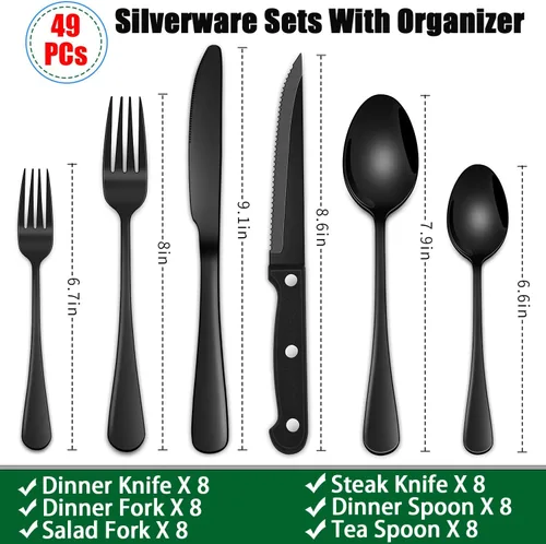 Vista 2 de Juego de 49 piezas de cubiertos de acero inoxidable negro con organizador, juego de cubiertos negros con cuchillos para carne para 8 personas, juego