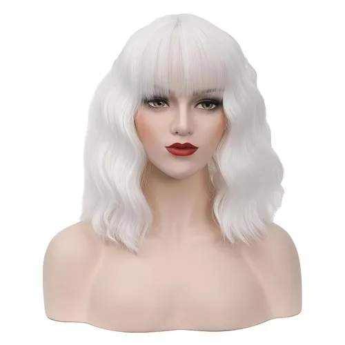 Vista 22 de BUFASHION Peluca rizada corta ondulada de 14 pulgadas para mujer, peluca sintética para cosplay, Halloween, peluca con flequillo lateral (negro)