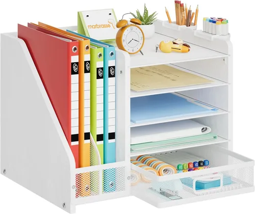 Vista 10 de Marbrasse - Organizador de escritorio con soporte para archivos, organizador de bandejas para papel tamaño carta de 5 niveles con cajón y 2 soportes