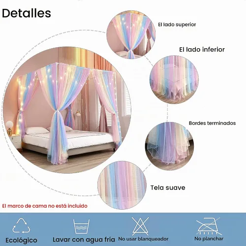 Vista 4 de Akiky Cortinas de Cama con Luces con Postes en las 4 Esquinas para Adultos y Niñas, Cortinas de Cama Arcoíris con Malla - 8 Paneles
