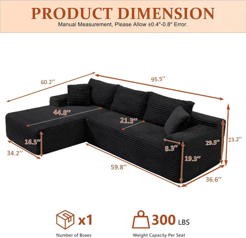 Vista 2 de Sofá deshuesado de 95 pulgadas para sala de estar, sofá modular en forma de Negro+Izquierda