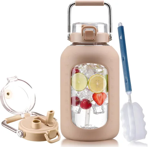 Vista 14 de BLUEGO Botella de agua de vidrio de 64 onzas con mango de acero inoxidable, botella de agua grande con marcadores de tiempo y funda de silicona Ámbar