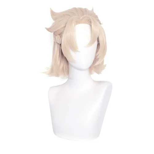 Vista 2 de SL Peluca rubia corta para Genshin Impact, pelucas de pelo mullido puntiaguda + gorra (rubia Albedo)