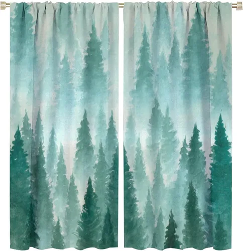 Vista 35 de BAEKJIN Cortinas verdes de bosque brumoso, acuarela, naturaleza, paisaje, plantas, árbol, bolsillo para barra, opacas, tratamiento de ventana