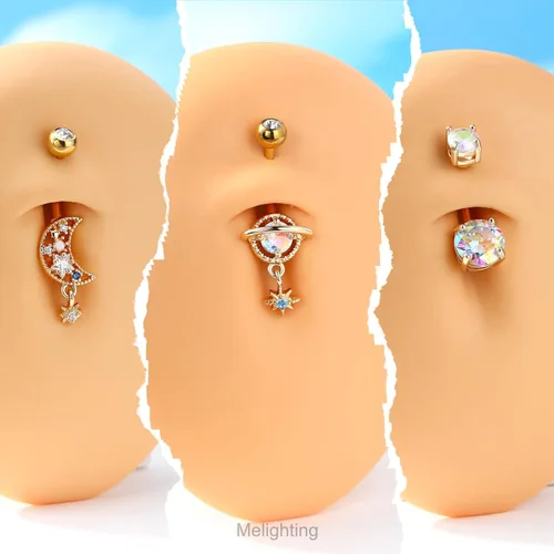 Vista 5 de Melighting Piercing de ombligo de acero inoxidable 316L azul de 14G para mujer, circonita cúbica transparente, planeta, ombligo, luna, ombligo