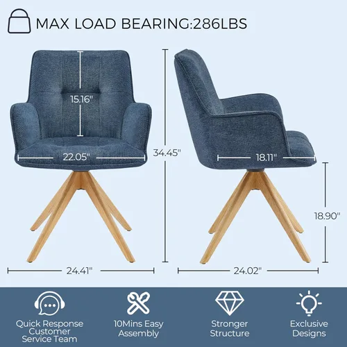 Vista 2 de Zouron Silla de escritorio giratoria sin ruedas, silla de oficina tapizada con patas de madera de roble, sillón moderno para espacios pequeños