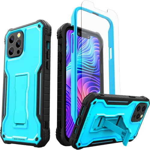 Vista 10 de ExoGuard Compatible con iPhone 13 Mini, funda de goma a prueba de golpes de cuerpo completo con protector de pantalla de vidrio templado, soporte