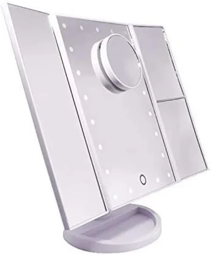 Vista 4 de DHAEY Espejo de tocador de tres pliegues, 21 luces LED con pantalla de botón en T, aumento 1X/2X/3X y carga USB brillo ajustable